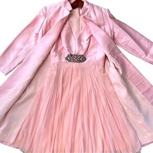 Vintage pink cocktail dress and long jacket set beaded waist layer chiffon skirt